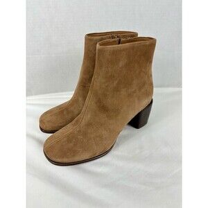 Vince Maggie Square Toe Boots Tan Brown Suede 7.5 M Sculptural Block Heel